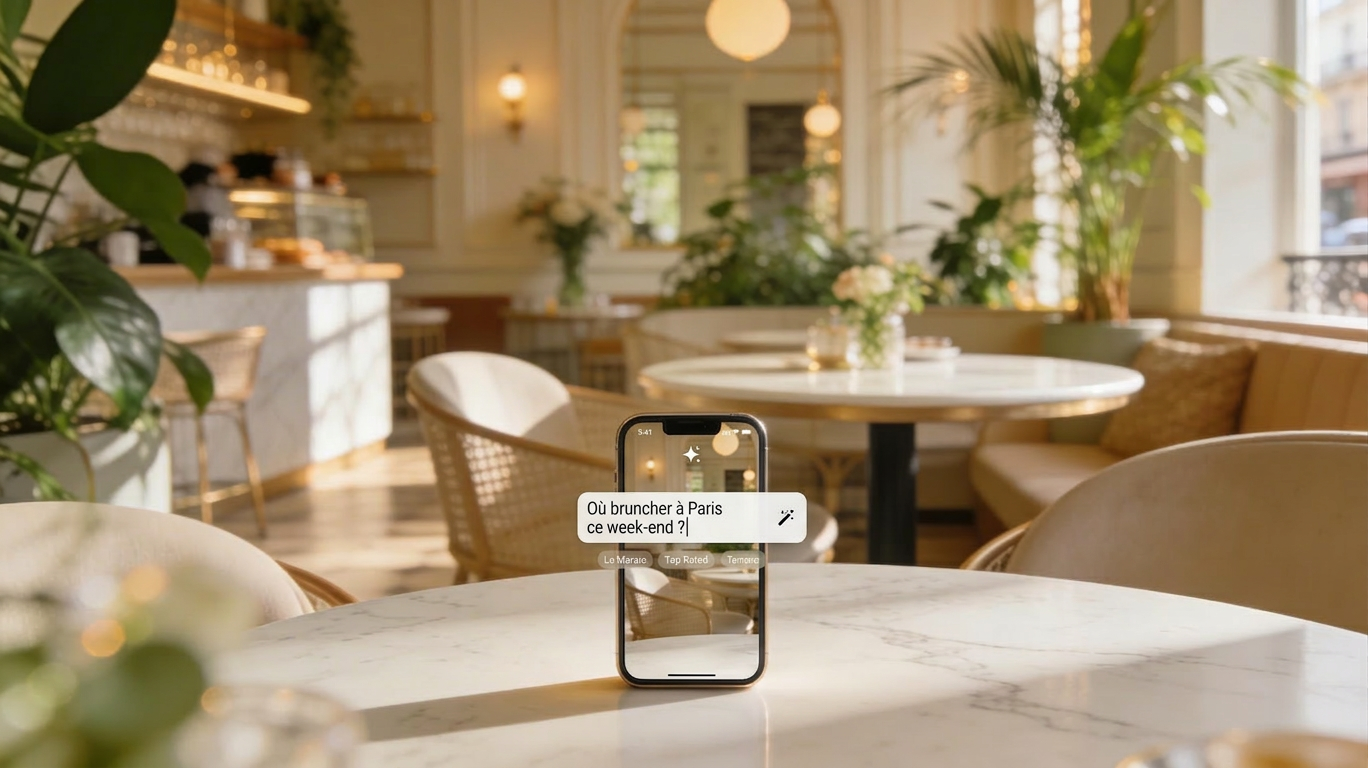 Smartphone affichant une recherche brunch dans un café parisien tendance à la lumière dorée. 