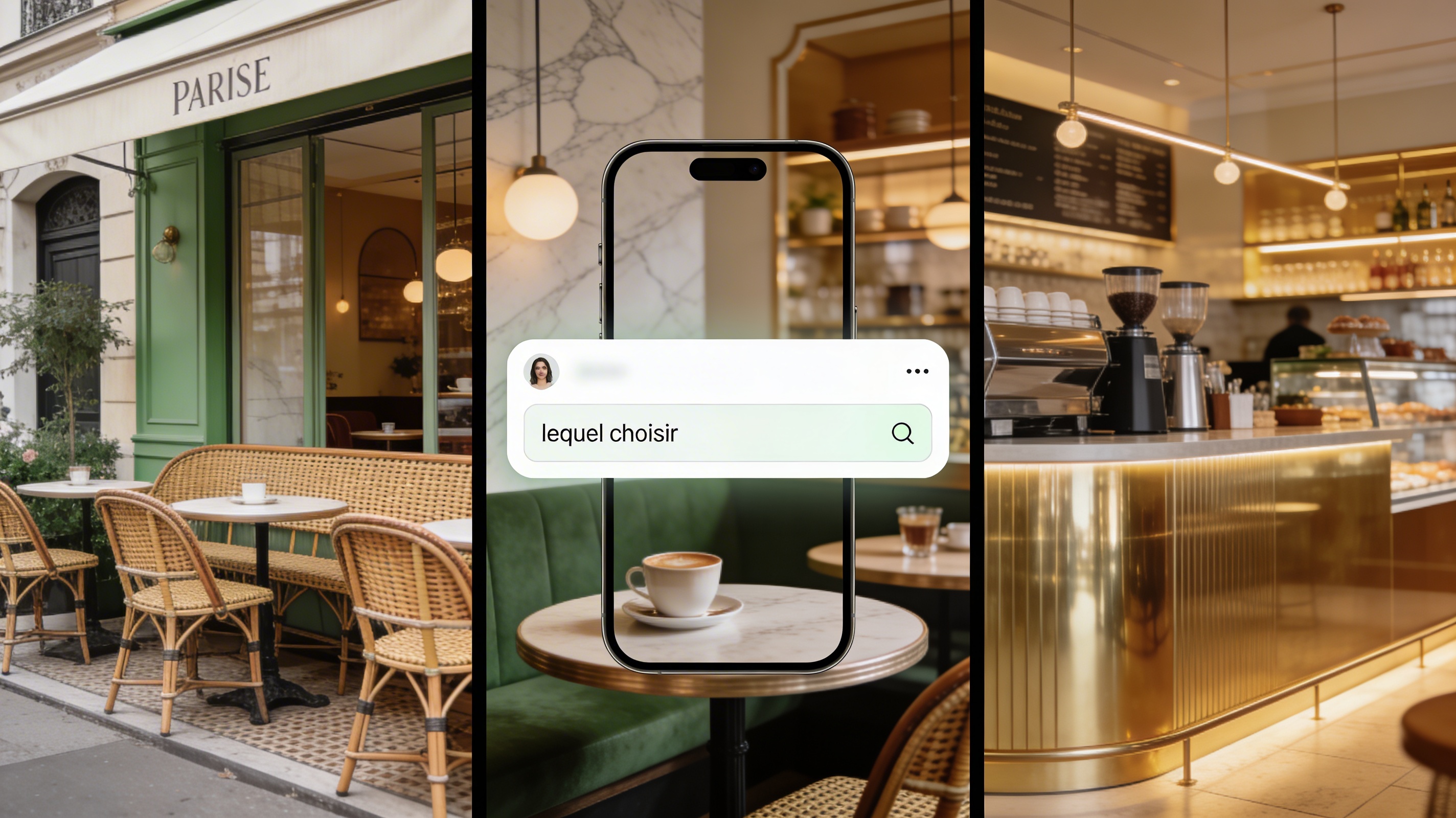 Collage de plusieurs cafés parisiens branchés aux ambiances variées (terrasse en rotin, intérieur en marbre, comptoir lumineux), avec au centre une interface d'intelligence artificielle affichant la recherche "lequel choisir".